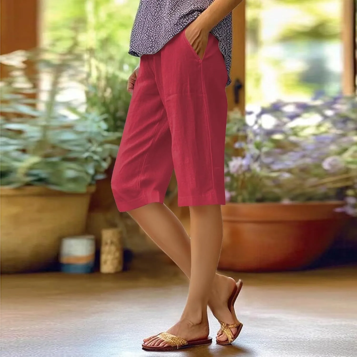 Capri Pants for Women 2025 Linen Elastic Waist Knee Length Capris Summer Straight Leg Loose Beach Shorts with Pocket