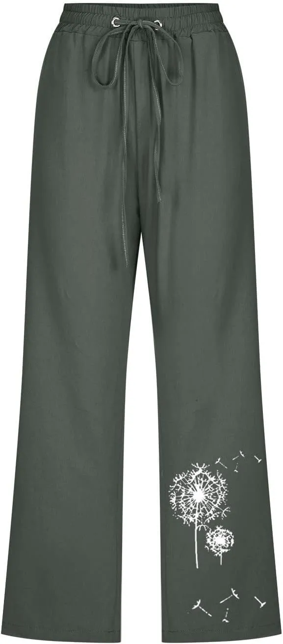 Capri Pants for Women Casual 2024 Summer High Waist Drawstring Linen Pant Loose Lightweight Crop Trousers with Pocket