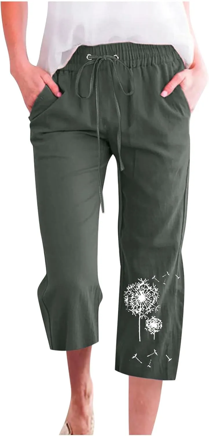 Capri Pants for Women Casual 2024 Summer High Waist Drawstring Linen Pant Loose Lightweight Crop Trousers with Pocket