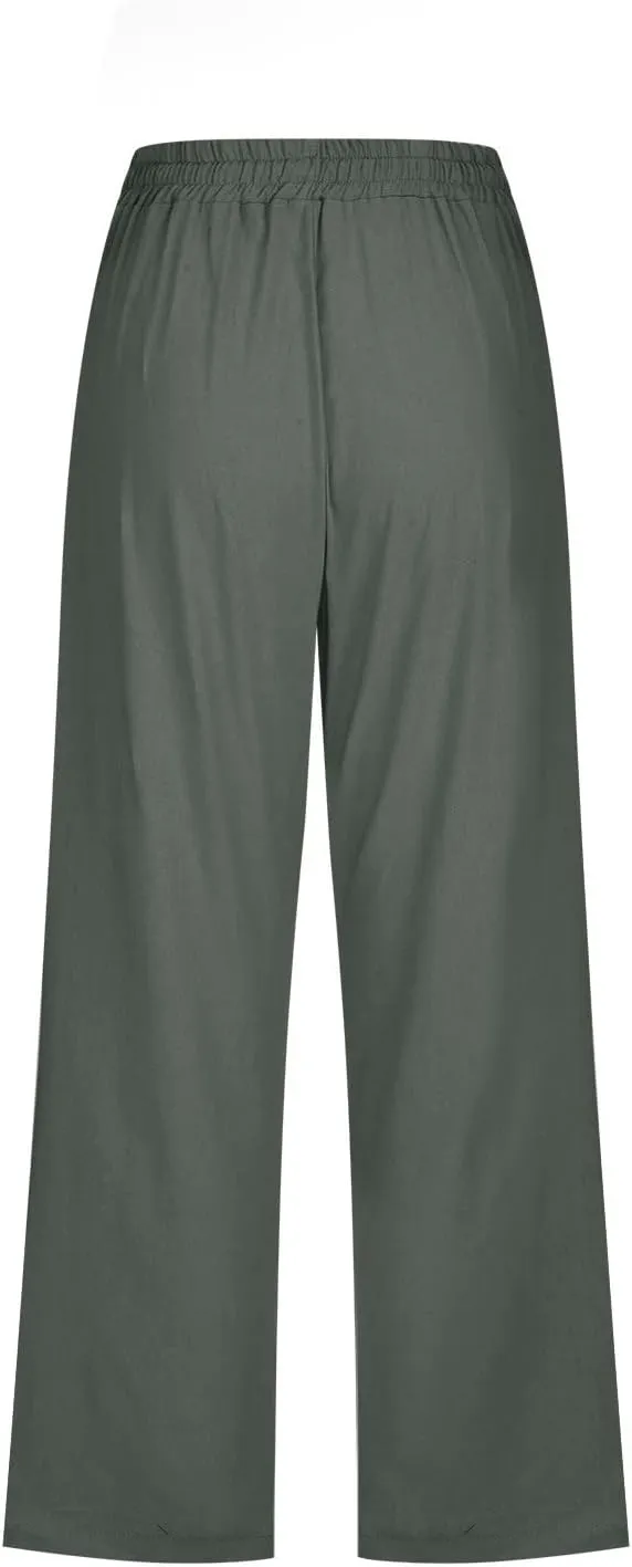 Capri Pants for Women Casual 2024 Summer High Waist Drawstring Linen Pant Loose Lightweight Crop Trousers with Pocket