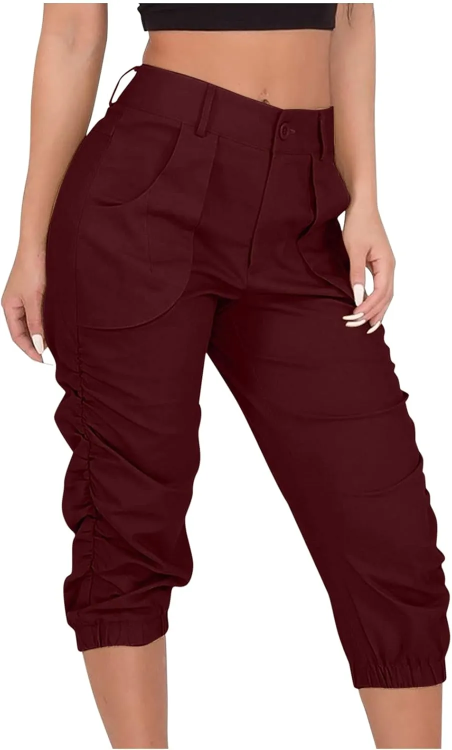Capri Pants for Women Casual Comfy High Waisted Travel Outdoor Cargo Hiking Harem Pants Ruched Jogger Sweatpants