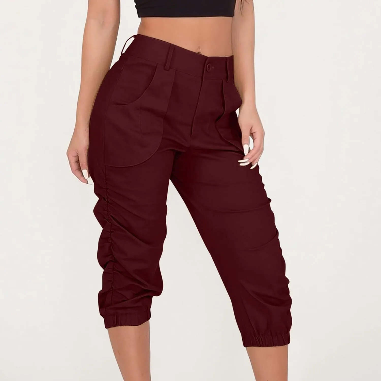 Capri Pants for Women Casual Comfy High Waisted Travel Outdoor Cargo Hiking Harem Pants Ruched Jogger Sweatpants