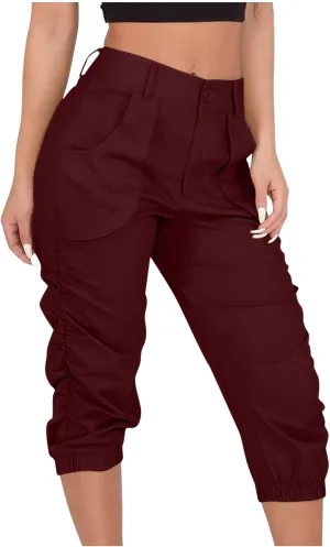 Capri Pants for Women Casual Comfy High Waisted Travel Outdoor Cargo Hiking Harem Pants Ruched Jogger Sweatpants