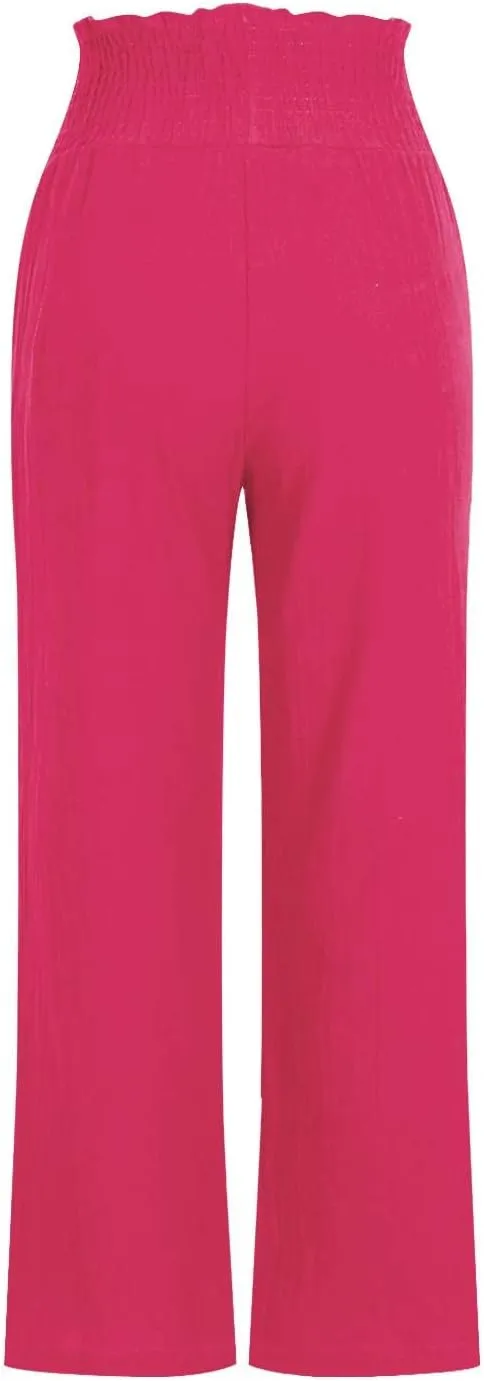 Capri Pants for Women Casual Loose Fit Summer Elastic High Waist Trousers Cotton Linen Pants Wide Leg Lounge Capris