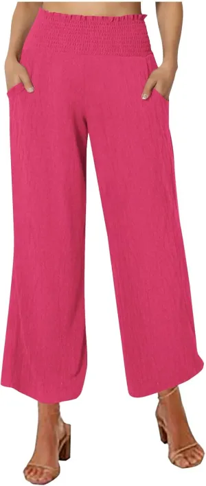 Capri Pants for Women Casual Loose Fit Summer Elastic High Waist Trousers Cotton Linen Pants Wide Leg Lounge Capris