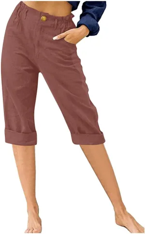 Capri Pants for Women Cotton Linen Casual Summer 2025 Straight Lounge Pants Elastic Waist Comfy Beach Cropped Trouser