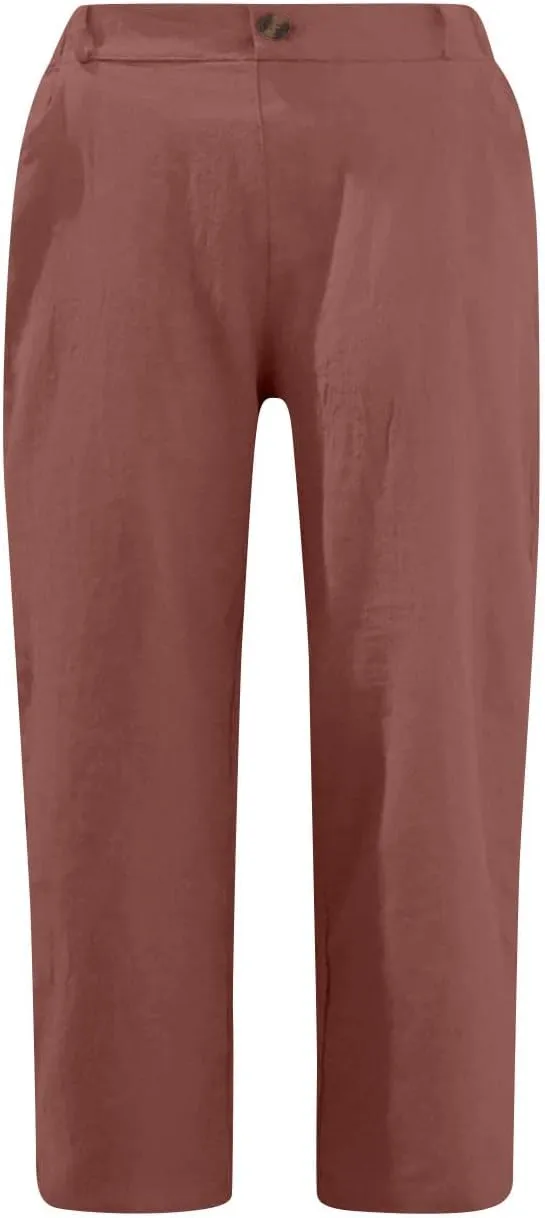 Capri Pants for Women Cotton Linen Casual Summer 2025 Straight Lounge Pants Elastic Waist Comfy Beach Cropped Trouser