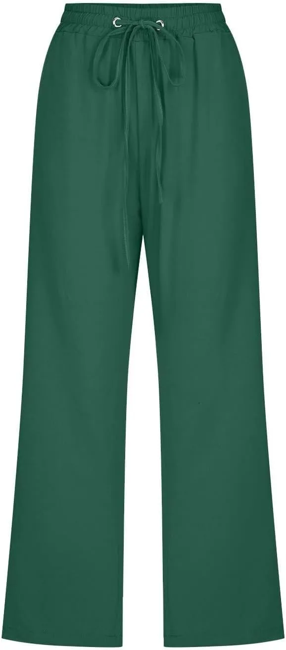 Capri Pants for Women Linen Casual High Waist Pant 2025 Summer Wide Leg Drawstring Elastic Plus Size Lounge Trouser