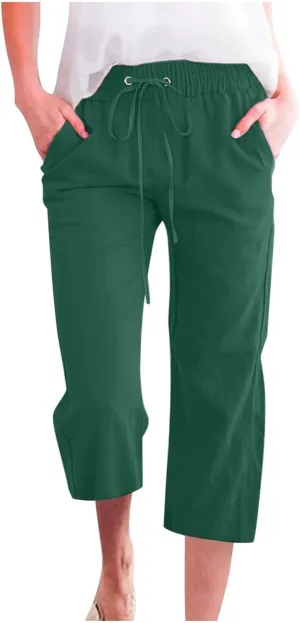 Capri Pants for Women Linen Casual High Waist Pant 2025 Summer Wide Leg Drawstring Elastic Plus Size Lounge Trouser