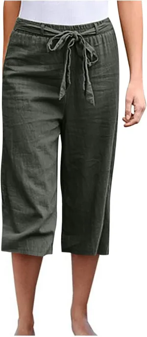 Capri Pants Women Cotton Linen Summer Casual Pants Elastic Waist Drawstring Lightweight Pockets Beach Cropped Trouser