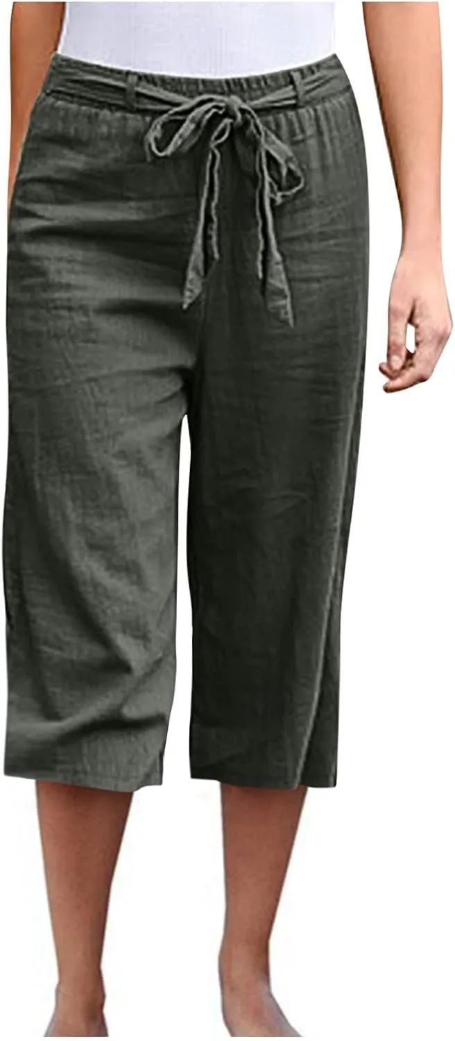Capri Pants Women Cotton Linen Summer Casual Pants Elastic Waist Drawstring Lightweight Pockets Beach Cropped Trouser