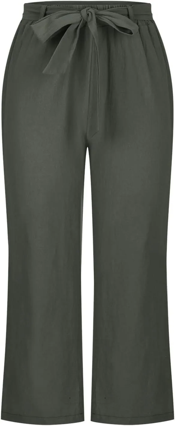 Capri Pants Women Cotton Linen Summer Casual Pants Elastic Waist Drawstring Lightweight Pockets Beach Cropped Trouser