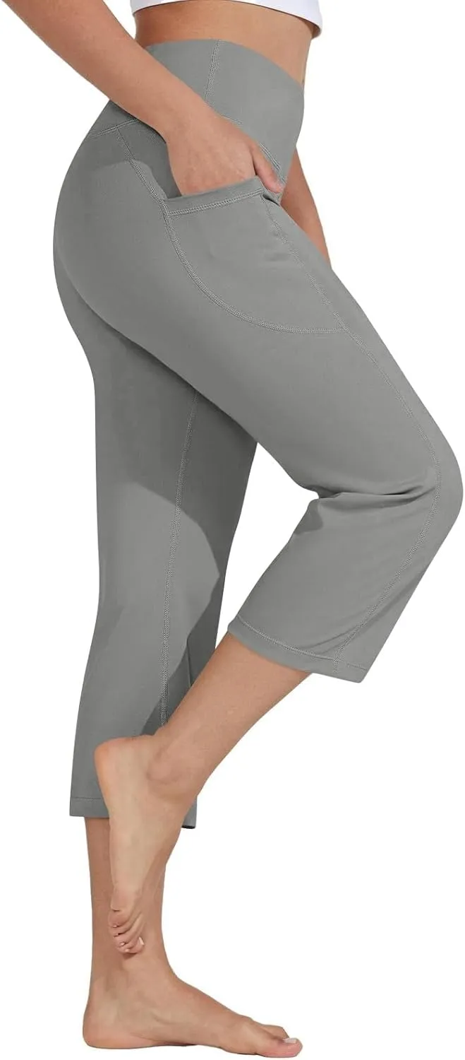 Capri Wide Leg Yoga Pants with Pockets High Waist Slacks for Women Athletic Lounge Sweatpants for Women