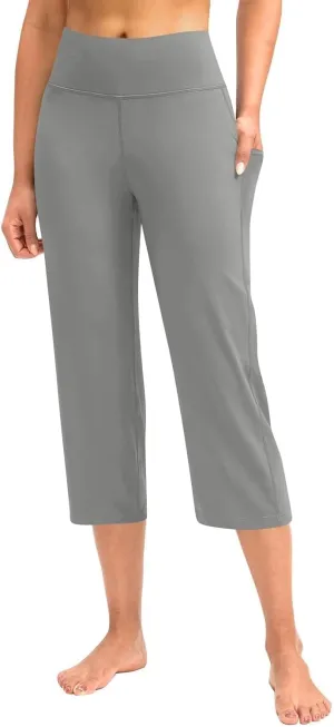 Capri Wide Leg Yoga Pants with Pockets High Waist Slacks for Women Athletic Lounge Sweatpants for Women