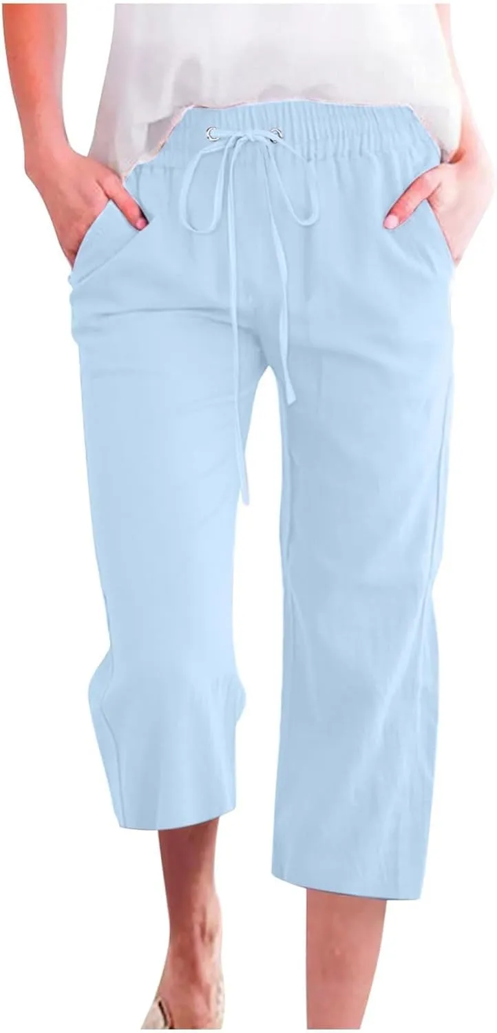 Capris Pants for Women Cotton Linen Casual Summer 2025 Straight Leg Loose Drawstring Elastic Waist Cropped Trouser