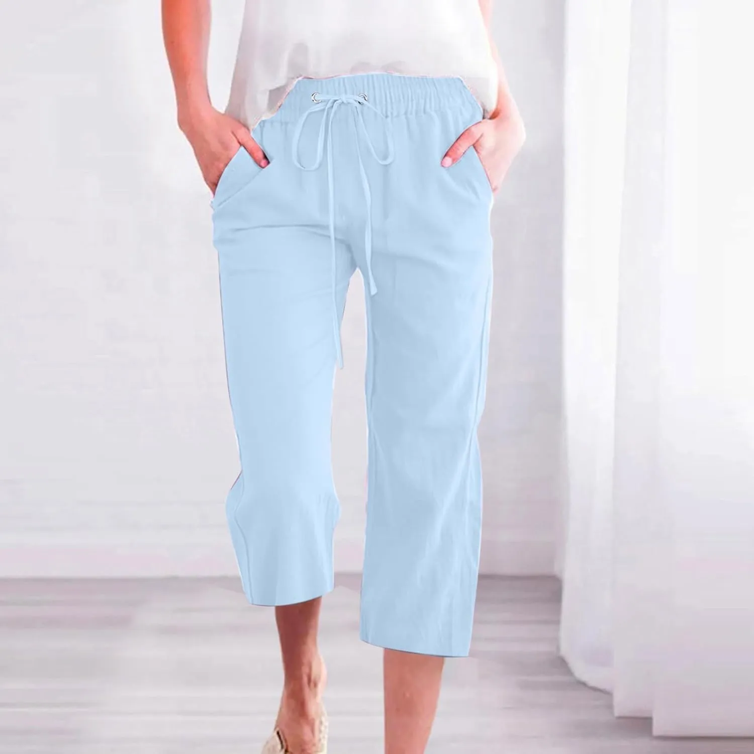 Capris Pants for Women Cotton Linen Casual Summer 2025 Straight Leg Loose Drawstring Elastic Waist Cropped Trouser