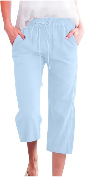 Capris Pants for Women Cotton Linen Casual Summer 2025 Straight Leg Loose Drawstring Elastic Waist Cropped Trouser