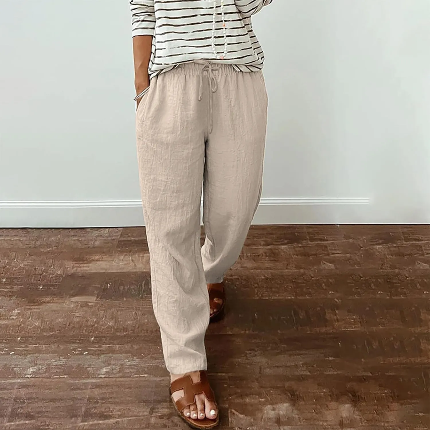 Casual Cotton Linen Pants Women Elastic High Waist Drawstring Tapered Leg Joggers Trousers Summer Beach Lounge Pants