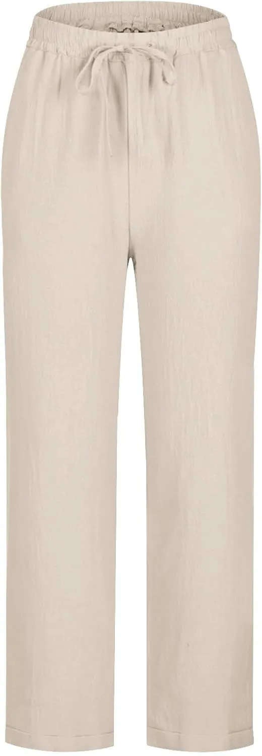 Casual Cotton Linen Pants Women Elastic High Waist Drawstring Tapered Leg Joggers Trousers Summer Beach Lounge Pants