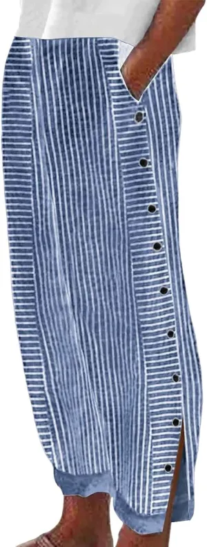Casual Pants for Women Striped Print High Waisted Pant Elastic Waist Trousers with Double Row of Buttons and Pockets Blue