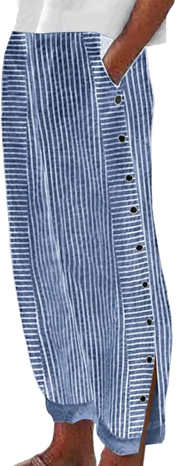 Casual Pants for Women Striped Print High Waisted Pant Elastic Waist Trousers with Double Row of Buttons and Pockets Blue