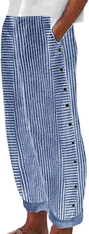 Casual Pants for Women Striped Print Side Button Pants Summer Trendy Elastic Waist Straight Leg Trousers with Pockets
