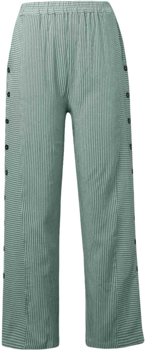 Casual Pants for Women Summer Trendy Striped Side Button Up Elastic Waist Straight Leg Trousers with Pockets