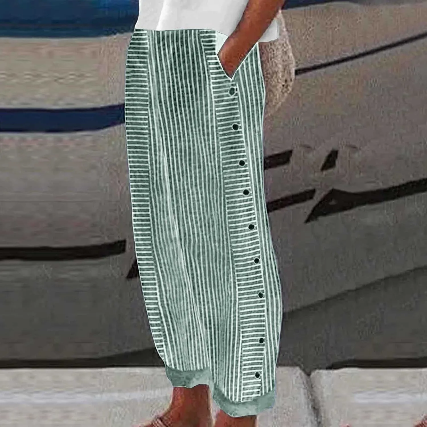 Casual Pants for Women Summer Trendy Striped Side Button Up Elastic Waist Straight Leg Trousers with Pockets