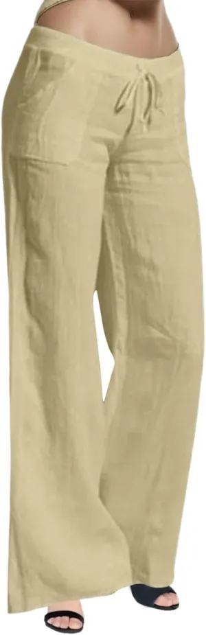 Casual Wide Leg Pants for Women High Waisted Solid Color Pant Baggy Drawstring Elastic Waist Trousers with Pockets