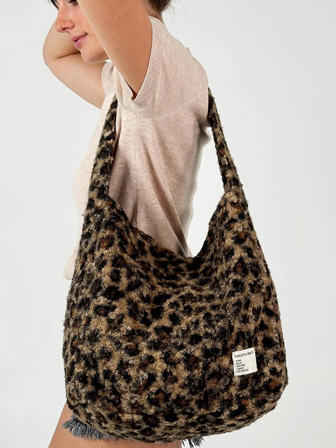 CATCHY & CRAFTY Tote Bag for Women - Plush Large Hobo Gym Bag for Workout, Yoga, Travel - Fluffy Fleece