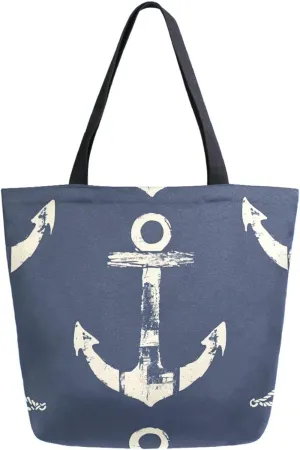 Chic Extra Large Shoulder Grocery Tote Bag, Anchors Navy Blue Summer Canvas Daily Gym Weekender Beach Travel Kitchen Reusable Market Shopping Handle Bag