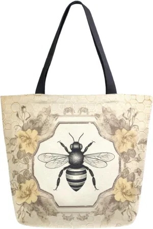 Chic Extra Large Shoulder Grocery Tote Bag, Geometric Flowers Honeycomb Bee Retro Canvas Daily Gym Weekender Beach Travel Kitchen Reusable Market Shopping Handle Bag