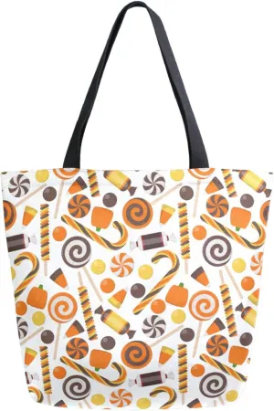 Chic Extra Large Shoulder Grocery Tote Bag, Halloween Colorful Candies Canvas Daily Handle Bag for Gym Yoga Weekender Beach Travel Picnic Kitchen Reusable Market Shopping