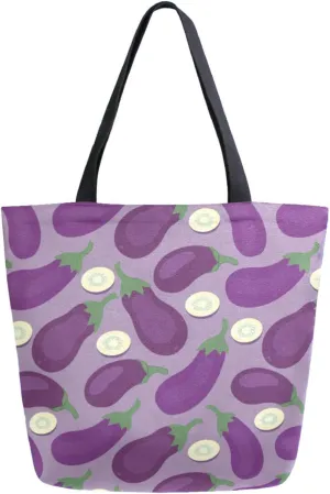Chic Extra Large Shoulder Grocery Tote Bag, Lifelike Eggplants Fruit Pattern Canvas Daily Handle Bag for Gym Yoga Weekender Beach Travel Picnic Kitchen Reusable Market Shopping