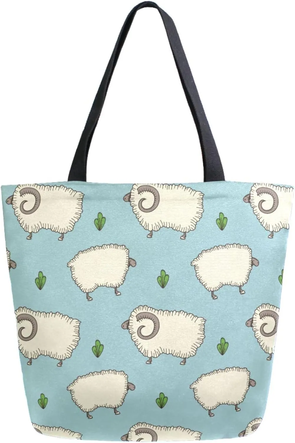 Chic Extra Large Shoulder Grocery Tote Bag, Sheep Leaves Green Pattern Canvas Daily Handle Bag for Gym Yoga Weekender Beach Travel Picnic Kitchen Reusable Market Shopping