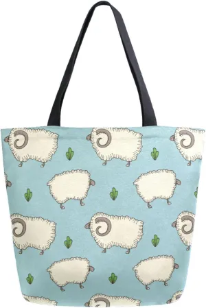 Chic Extra Large Shoulder Grocery Tote Bag, Sheep Leaves Green Pattern Canvas Daily Handle Bag for Gym Yoga Weekender Beach Travel Picnic Kitchen Reusable Market Shopping