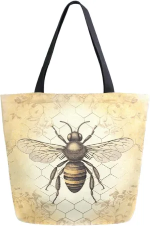 Chic Extra Large Shoulder Grocery Tote Bag, Vintage Old Style Bee in Flowers Honeycomb Canvas Daily Gym Weekender Beach Travel Kitchen Reusable Market Shopping Handle Bag