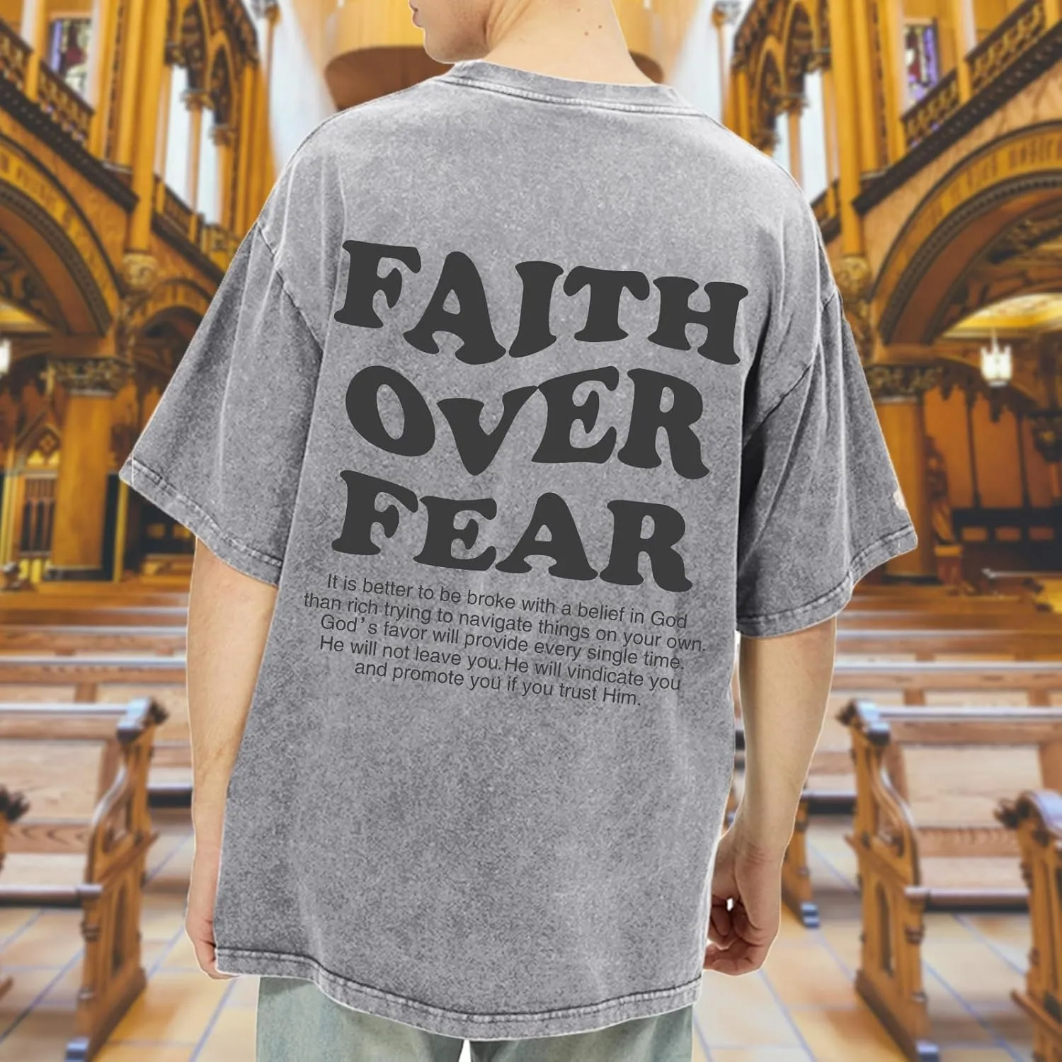 Christian Shirts for Men Faith Over Fear Oversized Shirt Acid Wash Tshirt Graphic Religious T Shirt Bible Verse Tees