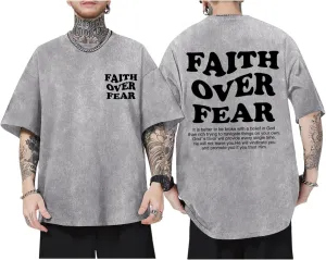 Christian Shirts for Men Faith Over Fear Oversized Shirt Acid Wash Tshirt Graphic Religious T Shirt Bible Verse Tees