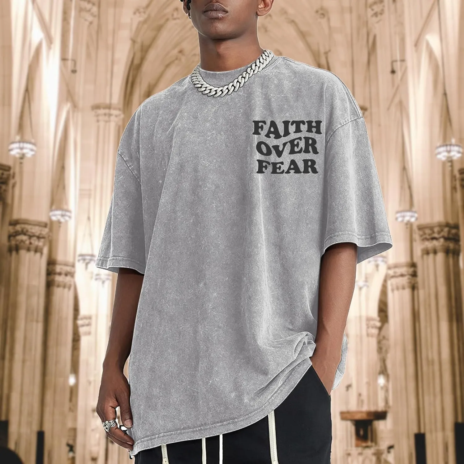 Christian Shirts for Men Faith Over Fear Oversized Shirt Acid Wash Tshirt Graphic Religious T Shirt Bible Verse Tees