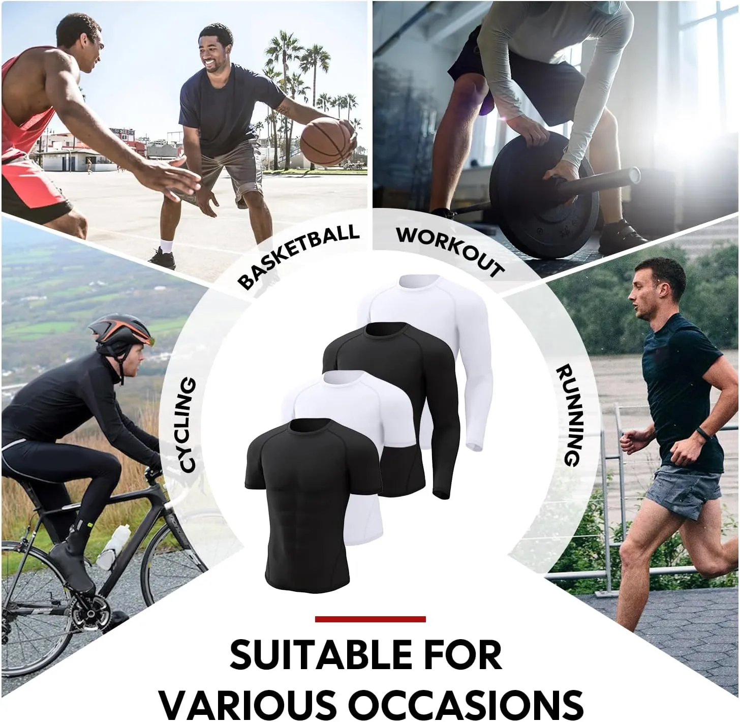 CL convallaria 4 Pack Compression Shirt Men Long Short Sleeve Cooling Dry Rash Guard Athletic T Shirt for Sports