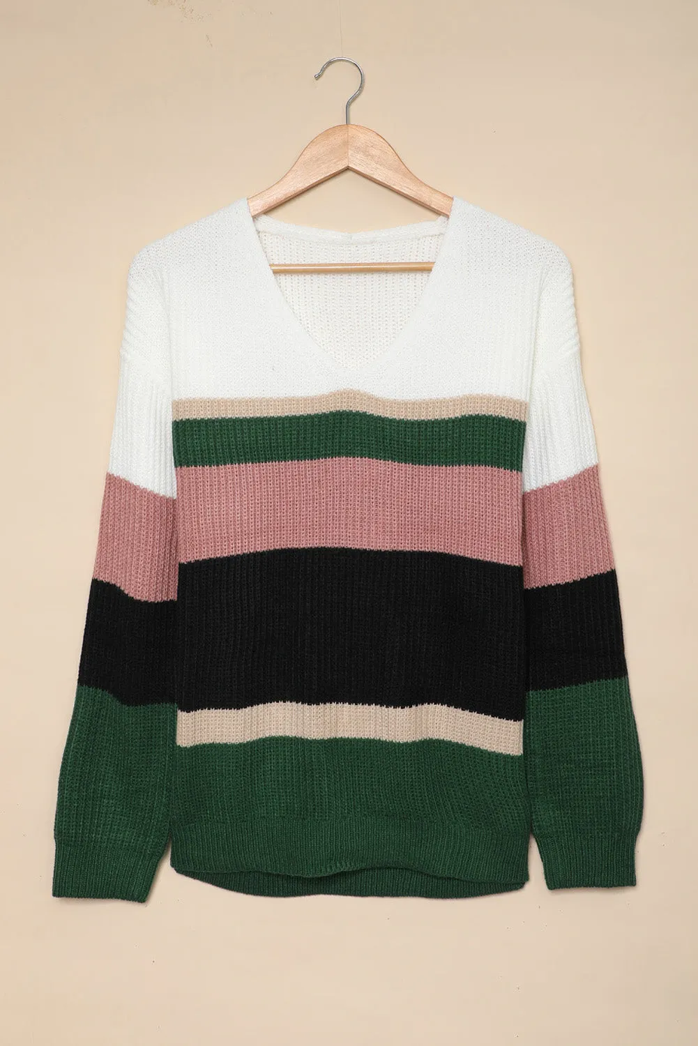 Colorblock V Neck Ribbed Knitted Sweater