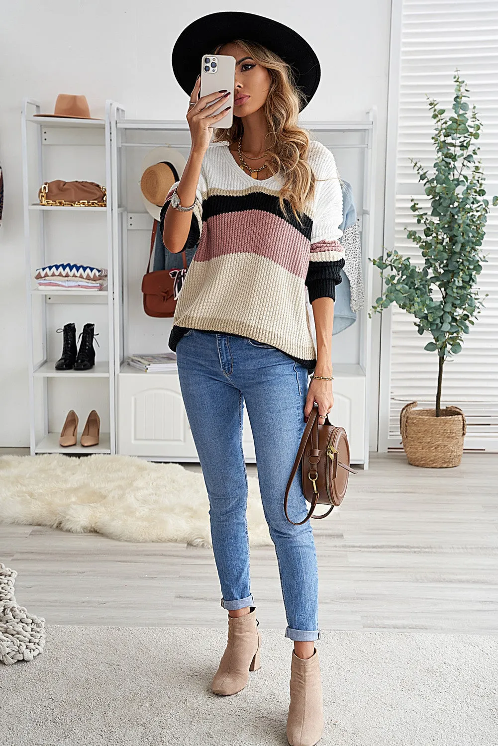 Colorblock V Neck Ribbed Knitted Sweater