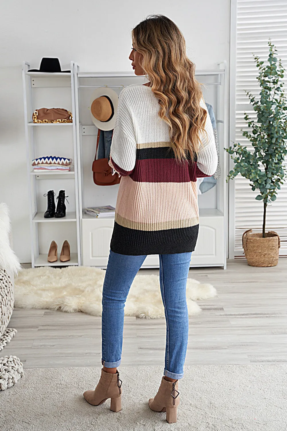 Colorblock V Neck Ribbed Knitted Sweater