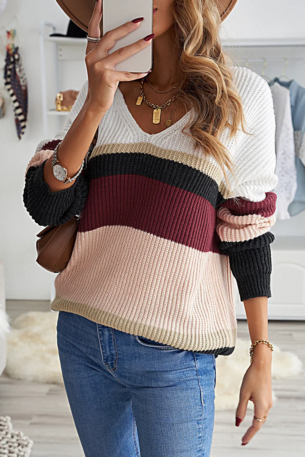 Colorblock V Neck Ribbed Knitted Sweater