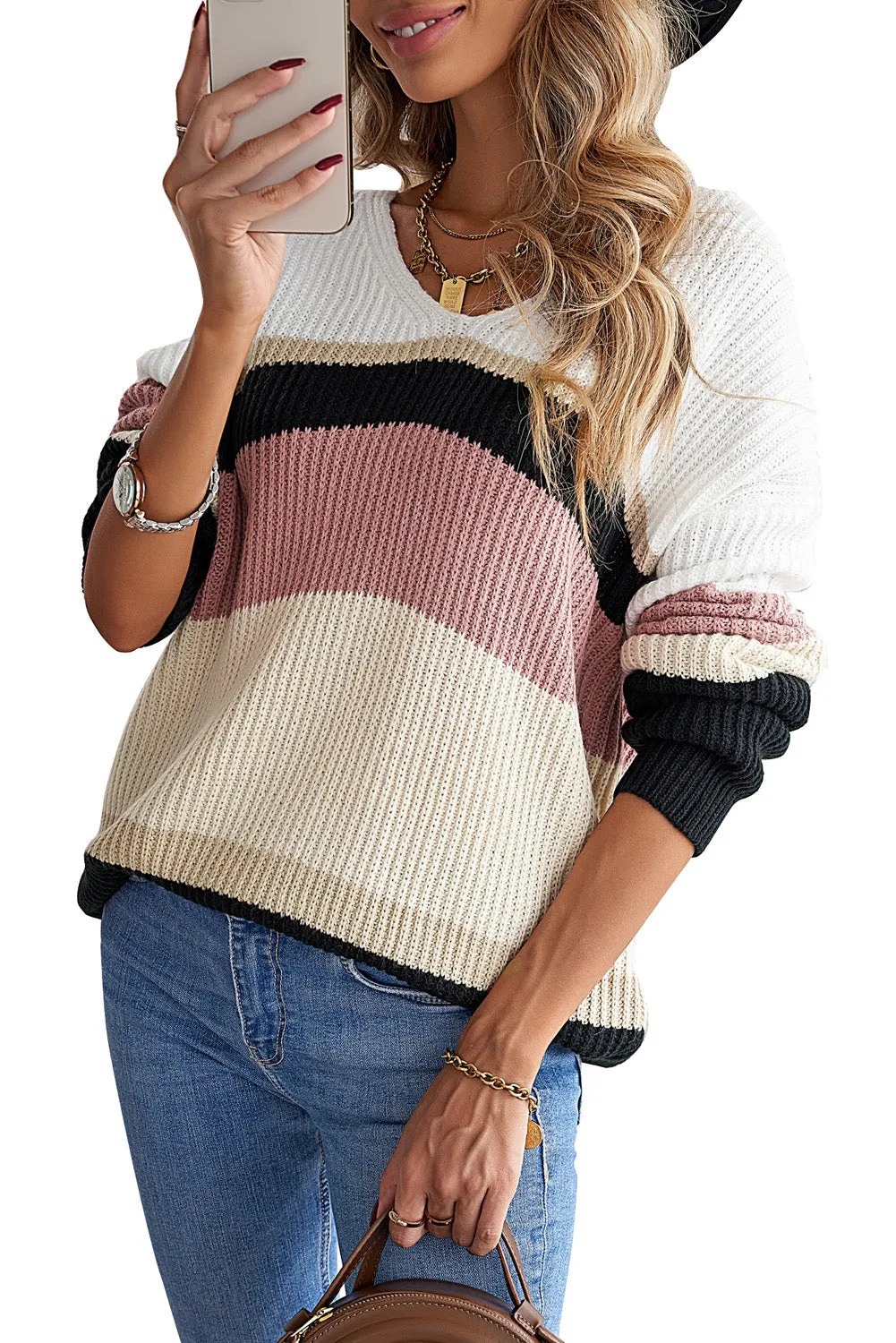 Colorblock V Neck Ribbed Knitted Sweater