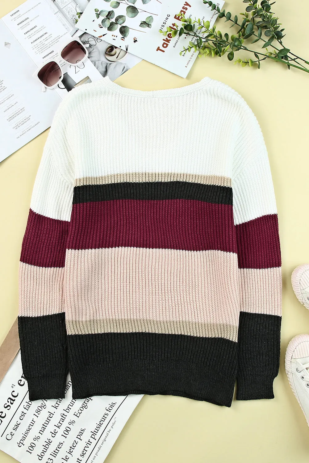 Colorblock V Neck Ribbed Knitted Sweater