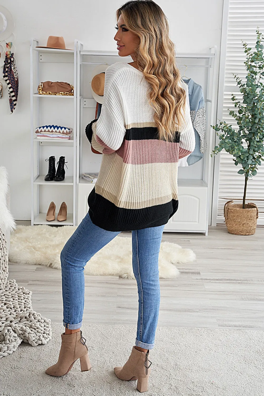 Colorblock V Neck Ribbed Knitted Sweater