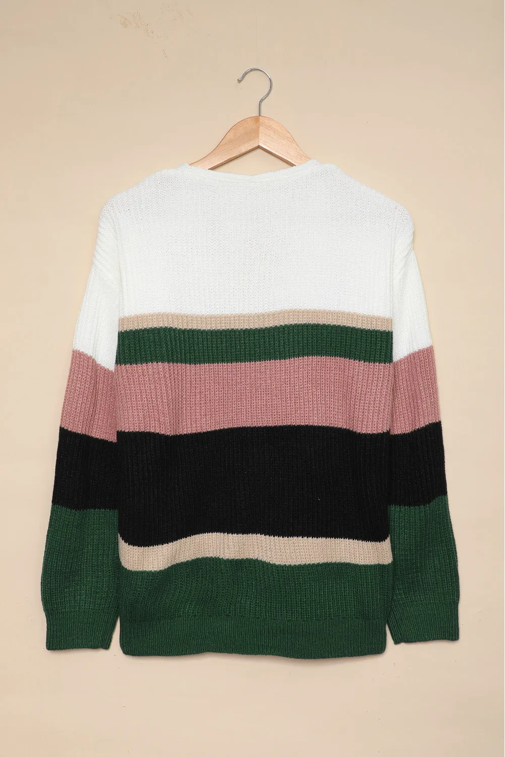 Colorblock V Neck Ribbed Knitted Sweater