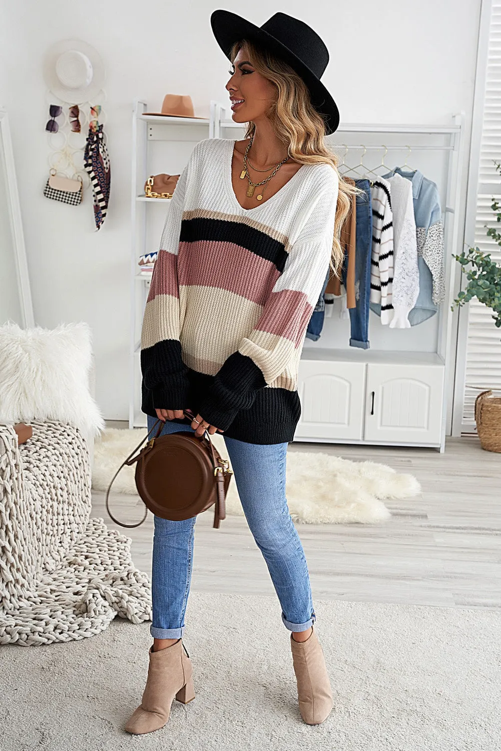 Colorblock V Neck Ribbed Knitted Sweater